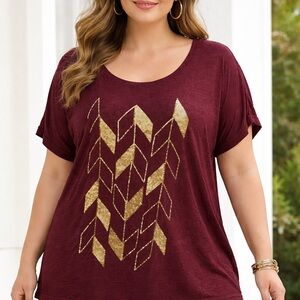 APT 9 Women's Burgundy Top with Gold Sequence Accents size 1X
